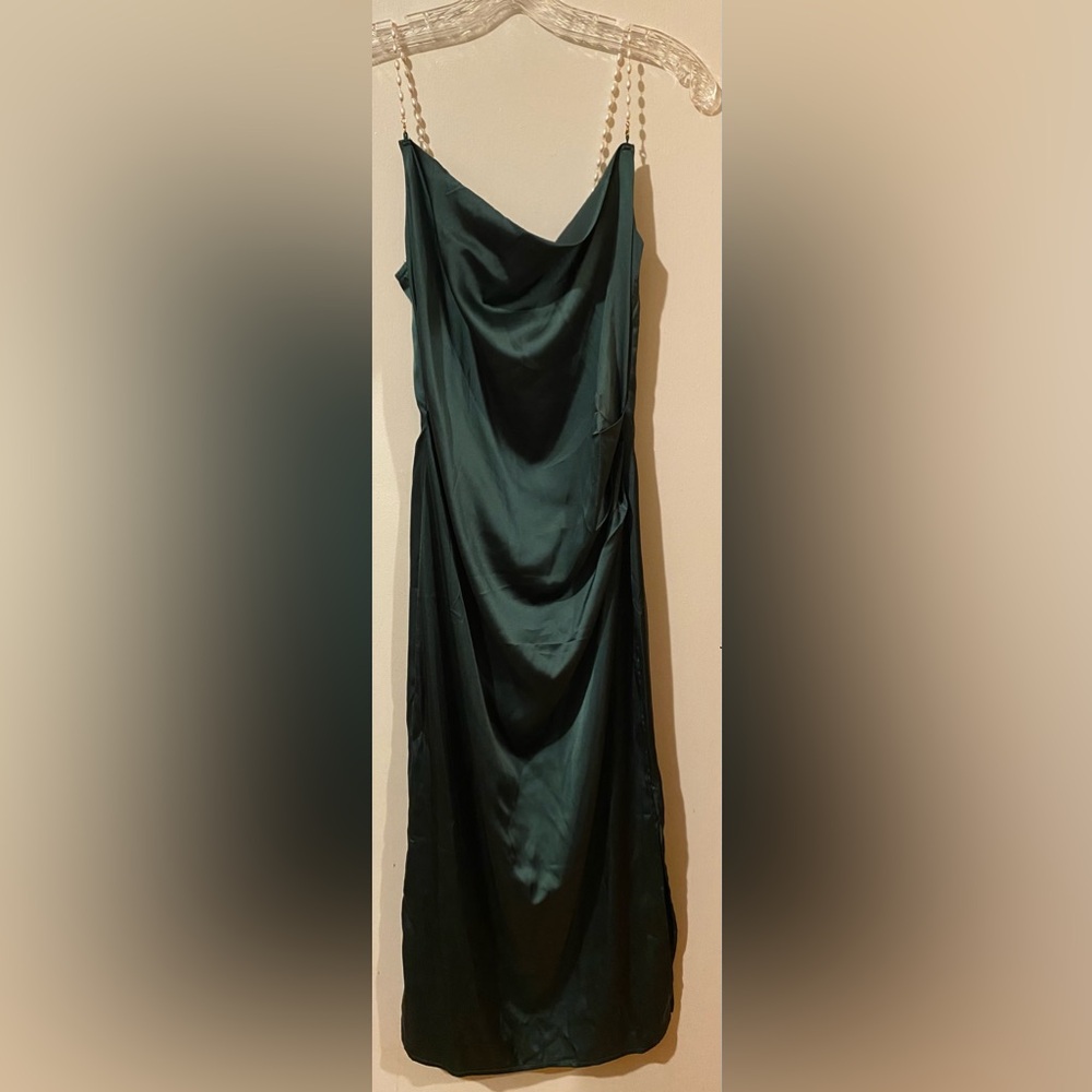 Pearl strap emerald green midi dress with side slit